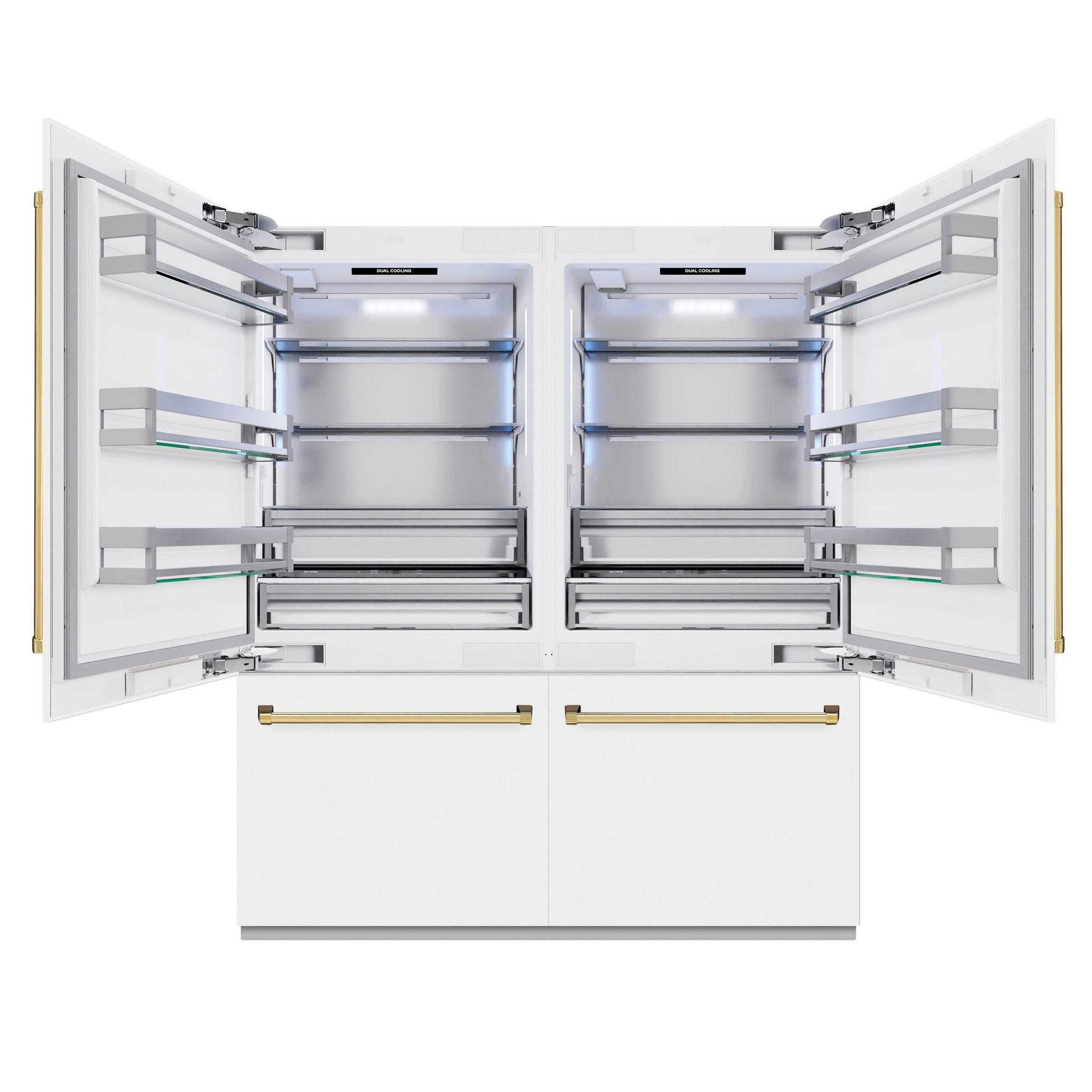 ZLINE Autograph Edition 72 in. 39.6 cu. ft. French Door Built-In Bottom Freezer Refrigerator with Water Dispensers and Ice Makers in White Matte and Polished Gold Accents (RBITZ-WM-72-G)