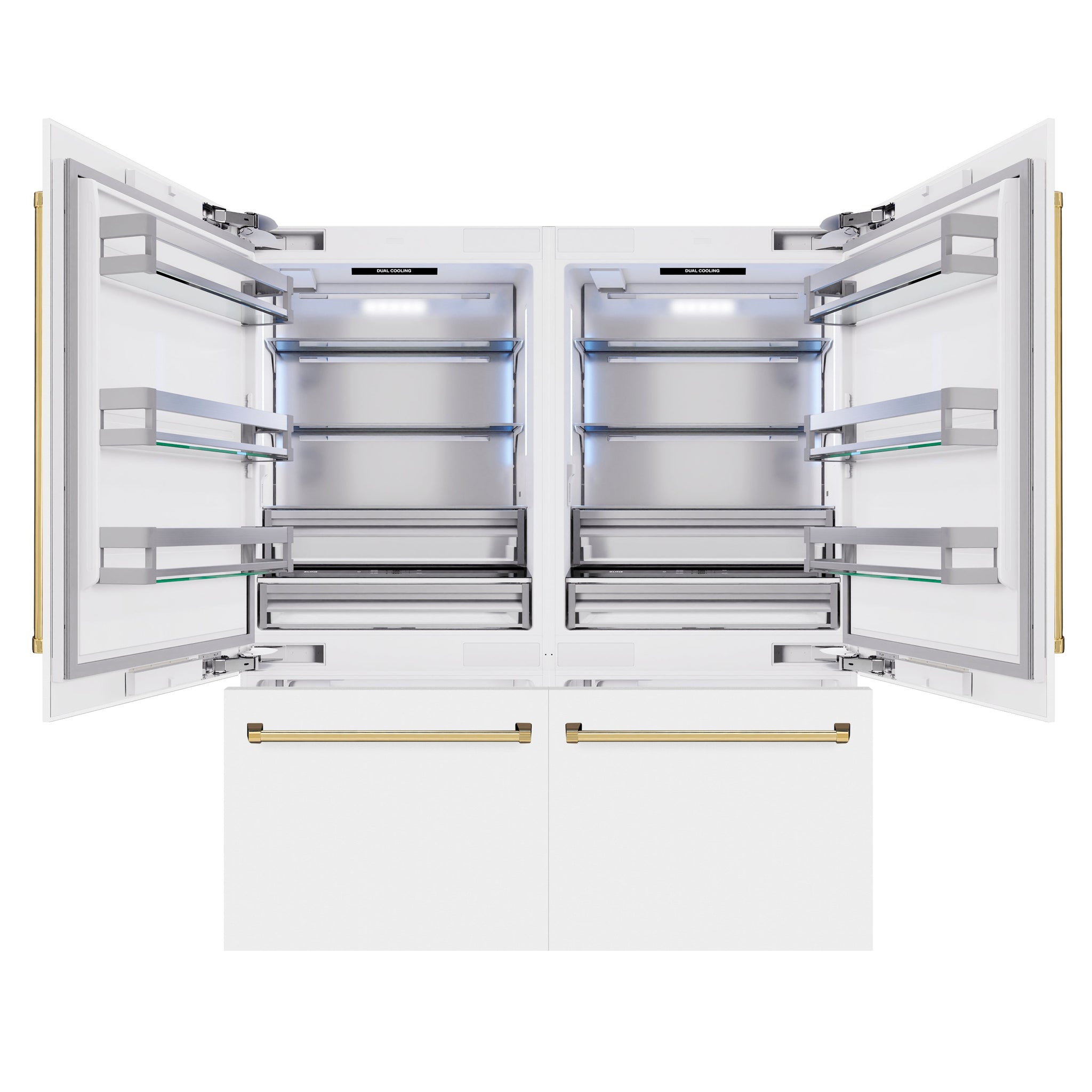 ZLINE Autograph Edition 72 in. 39.6 cu. ft. French Door Built-In Bottom Freezer Refrigerator with Water Dispensers and Ice Makers in White Matte and Polished Gold Accents (RBITZ-WM-72-G)
