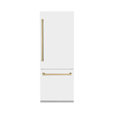 ZLINE Autograph Edition 30 in. 16.1 cu. ft. Built-In Bottom Freezer Refrigerator with Water Dispenser and Ice Maker in White Matte with Champagne Bronze Accents (RBIVZ-WM-30-CB)