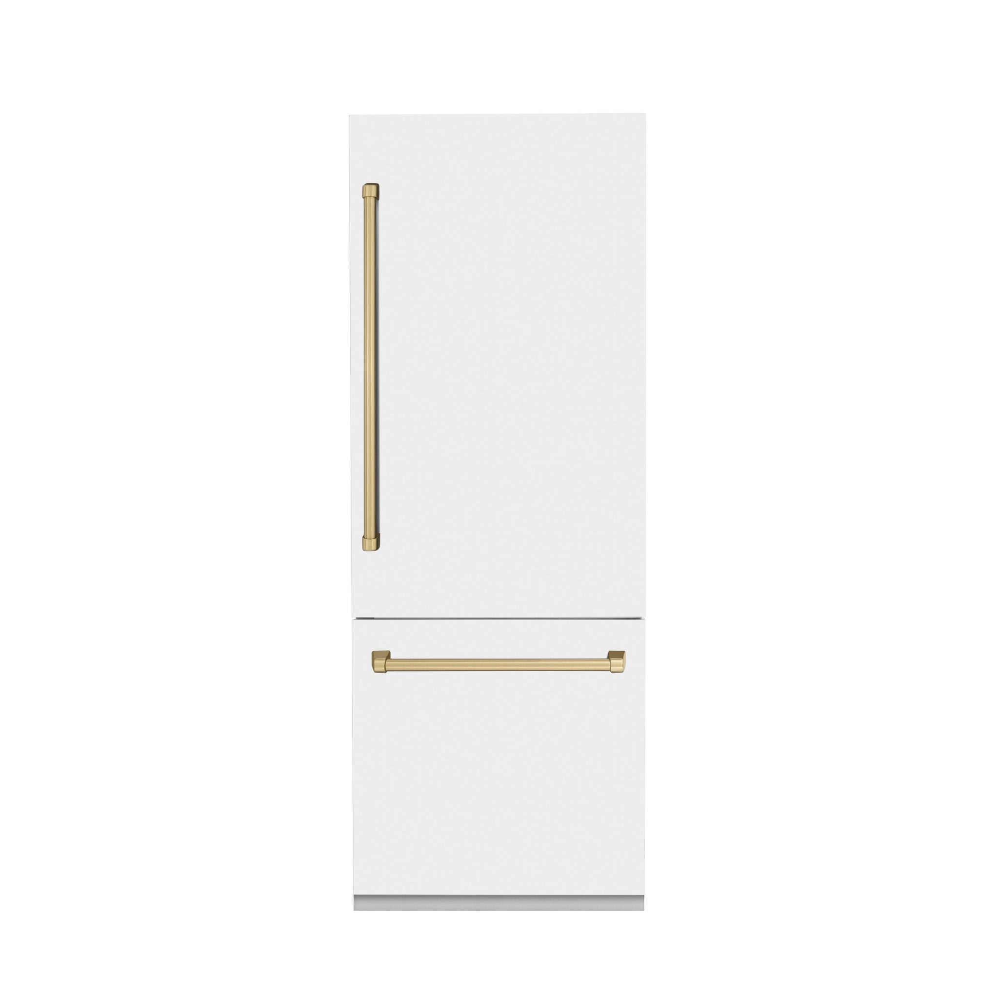 ZLINE Autograph Edition 30 in. 16.1 cu. ft. Built-In Bottom Freezer Refrigerator with Water Dispenser and Ice Maker in White Matte with Champagne Bronze Accents (RBIVZ-WM-30-CB)