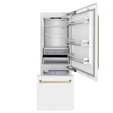 ZLINE Autograph Edition 30 in. 16.1 cu. ft. Built-In Bottom Freezer Refrigerator with Water Dispenser and Ice Maker in White Matte with Champagne Bronze Accents (RBIVZ-WM-30-CB)