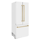 ZLINE Autograph Edition 36 in. 19.6 cu. ft. French Door Built-In Bottom Freezer Refrigerator with Water Dispenser and Ice Maker in White Matte with Champagne Bronze Accents (RBIVZ-WM-36-CB)
