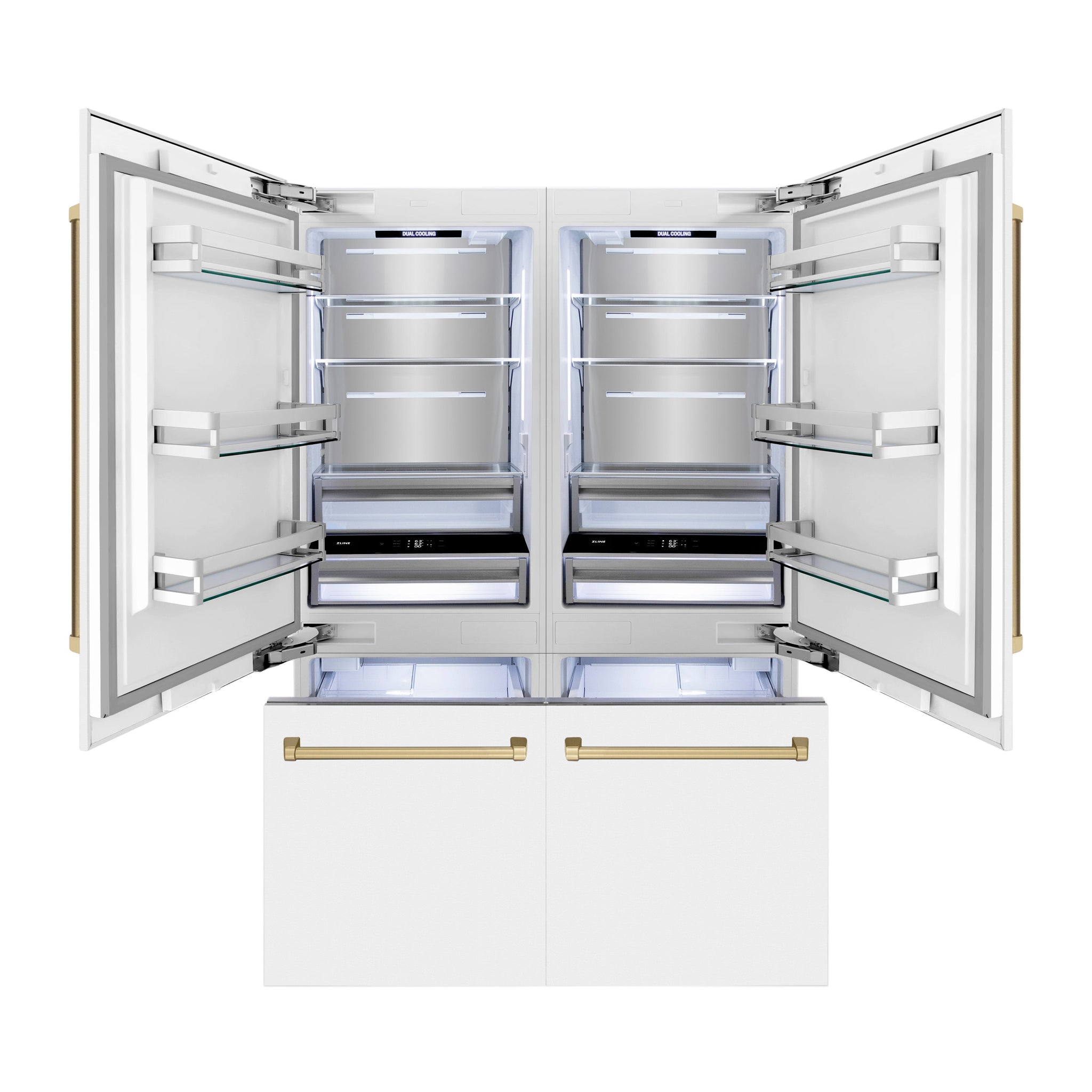 ZLINE Autograph Edition 60 in. 32.2 cu. ft. French Door Built-In Bottom Freezer Refrigerator with Water Dispenser and Ice Maker in White Matte with Polished Gold Accents (RBIVZ-WM-60-G)