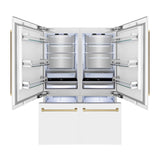 ZLINE Autograph Edition 60 in. 32.2 cu. ft. French Door Built-In Bottom Freezer Refrigerator with Water Dispenser and Ice Maker in White Matte with Champagne Bronze Accents (RBIVZ-WM-60-CB)