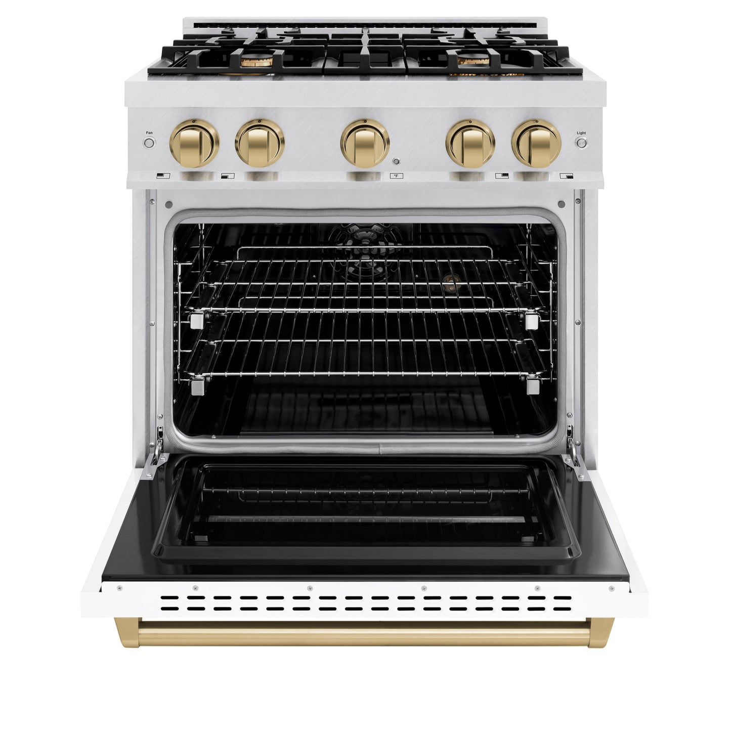 ZLINE Autograph Edition 30 in. 4.2 cu. ft. Classic Dual Fuel Range with 4 Burner Gas Cooktop and Electric Convection Oven in Satin Stainless Steel with White Matte Door and Champagne Bronze Accents (CDRSZ-WM-30-CB)