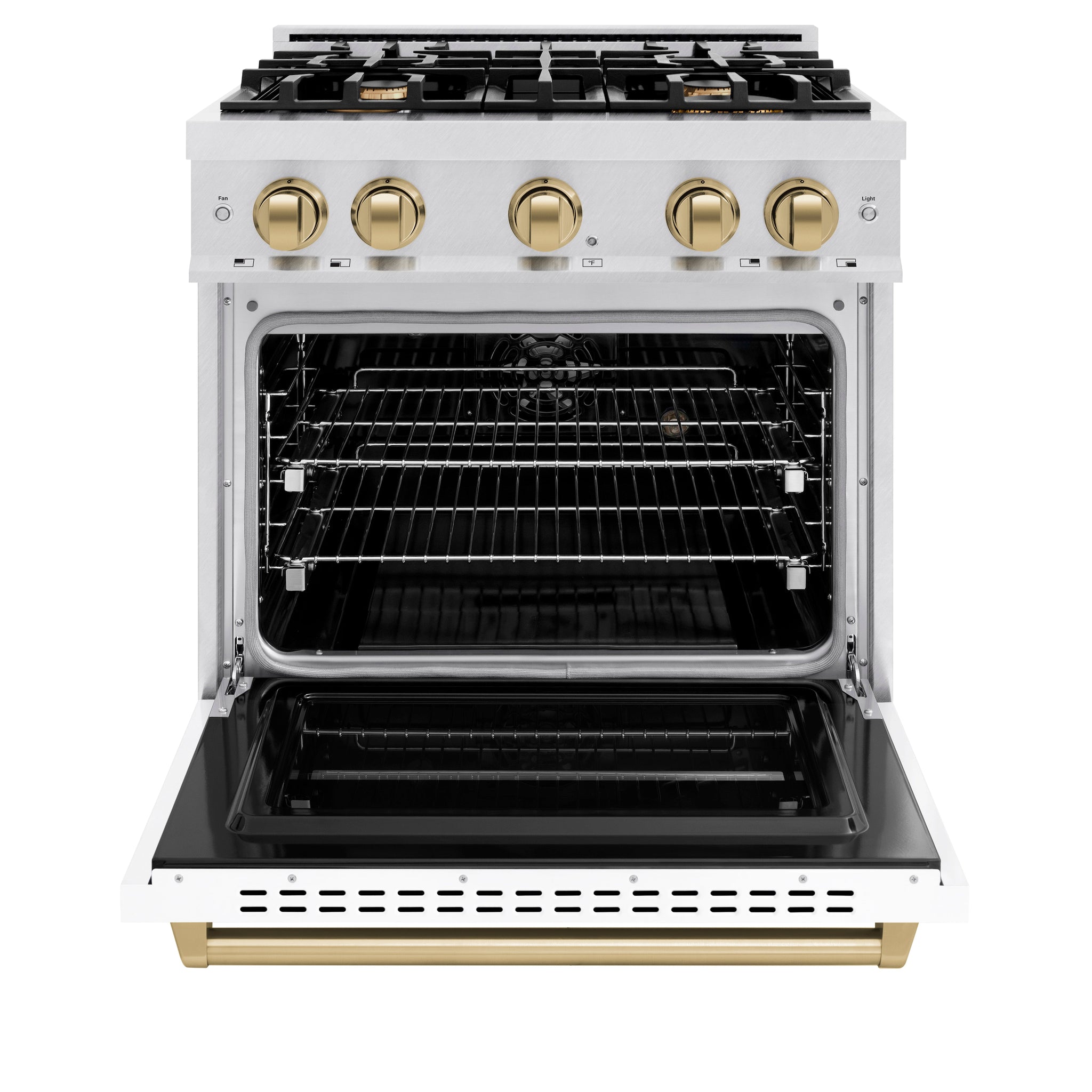 ZLINE Autograph Edition 30 in. 4.2 cu. ft. Classic Dual Fuel Range with 4 Burner Gas Cooktop and Electric Convection Oven in Satin Stainless Steel with White Matte Door and Champagne Bronze Accents (CDRSZ-WM-30-CB)