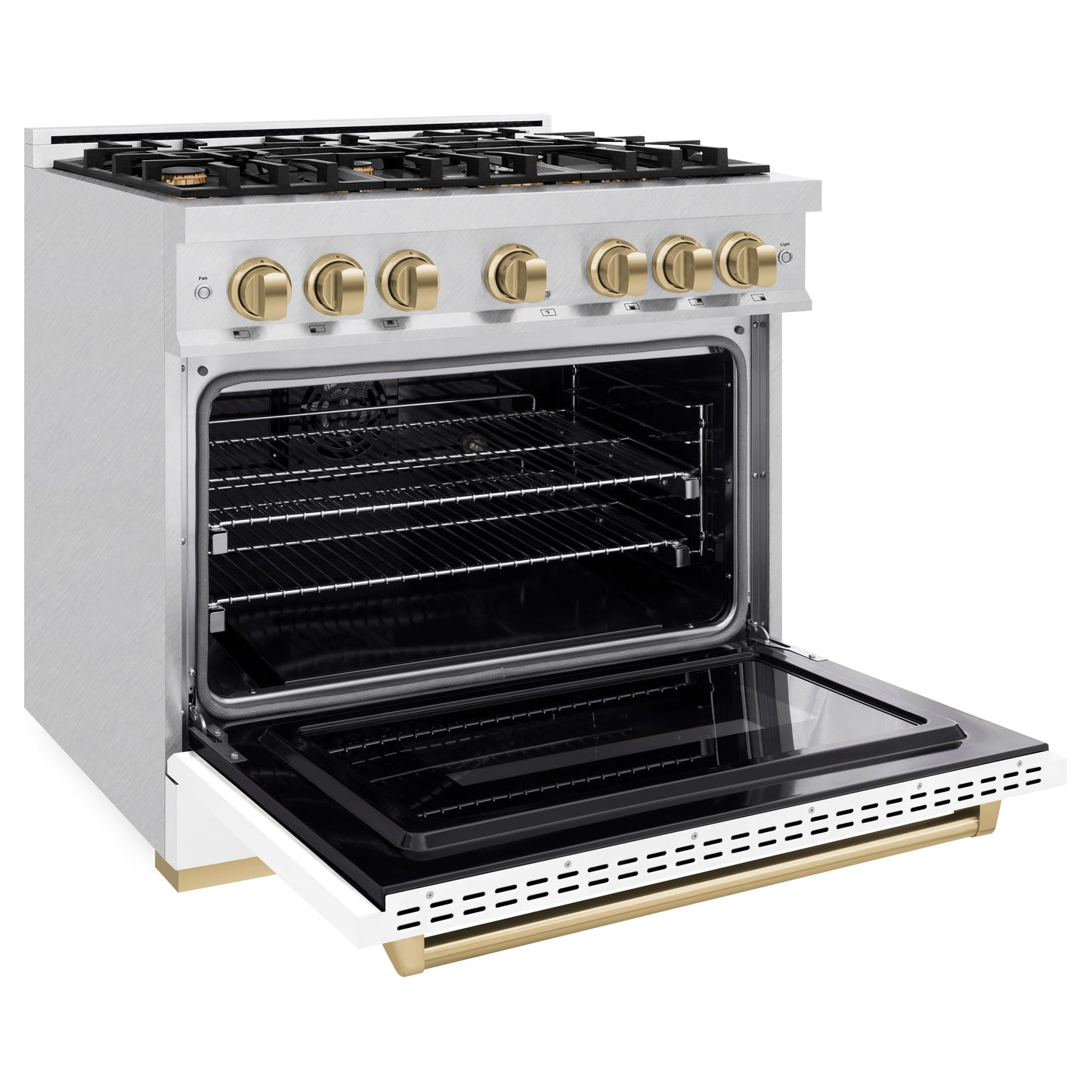 ZLINE Autograph Edition 36 in. 5.2 cu. ft. Classic Dual Fuel Range with 6 Burner Gas Cooktop and Electric Convection Oven in Satin Stainless Steel with White Matte Door and Champagne Bronze Accents (CDRSZ-WM-36-CB)