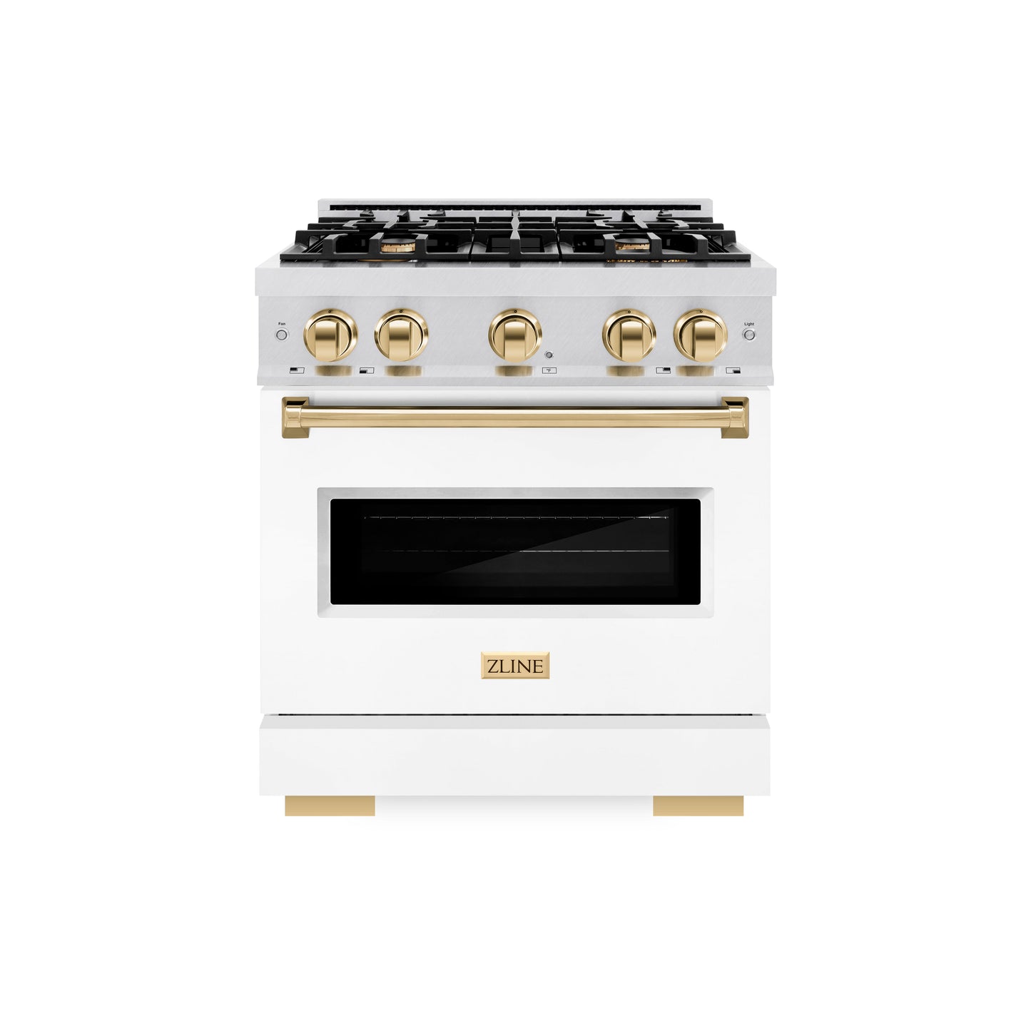 ZLINE Autograph Edition 30 in. 4.2 cu. ft. Classic Dual Fuel Range with 4 Burner Gas Cooktop and Electric Convection Oven in Satin Stainless Steel with White Matte Door and Polished Gold Accents (CDRSZ-WM-30-G)