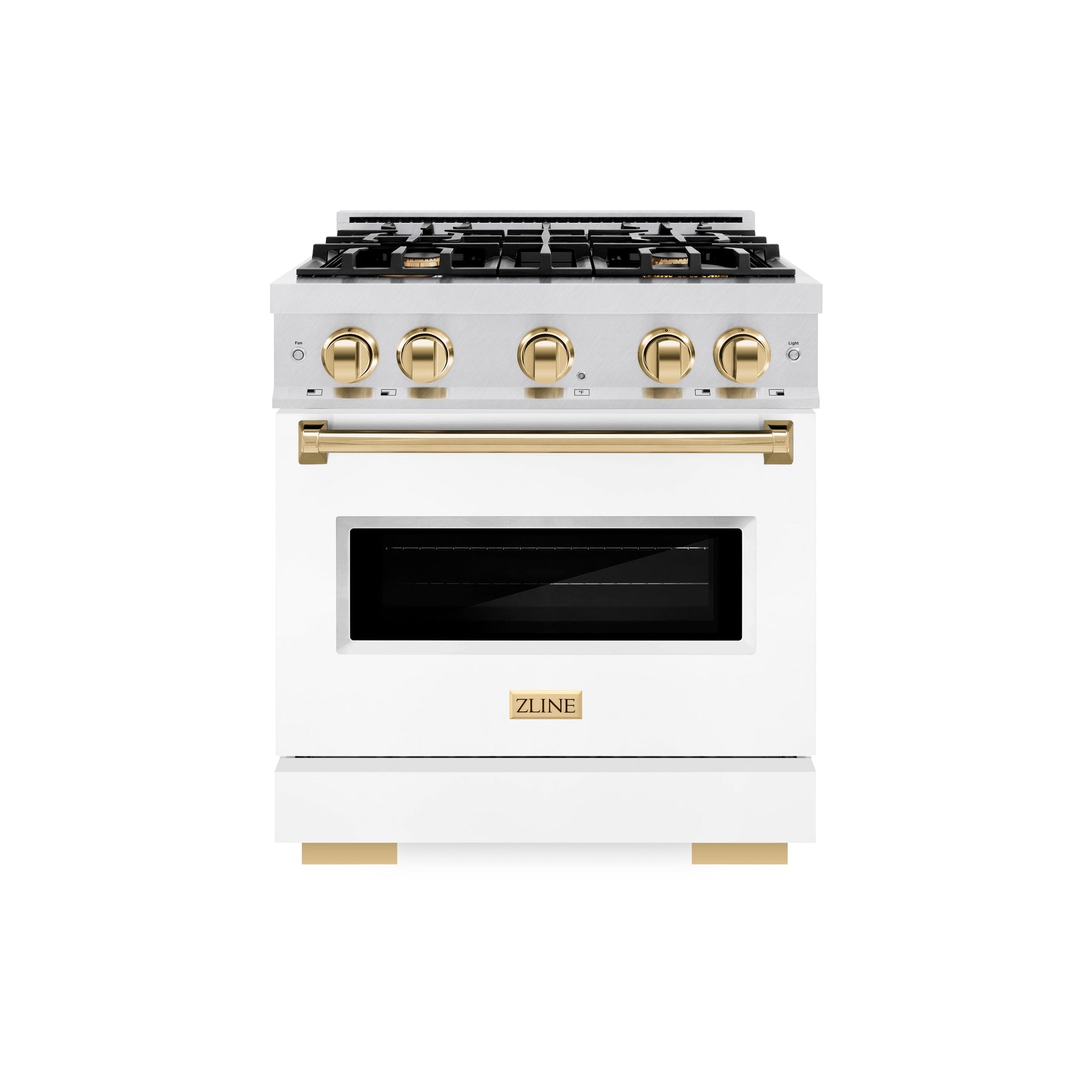 ZLINE Autograph Edition 30 in. 4.2 cu. ft. Classic Dual Fuel Range with 4 Burner Gas Cooktop and Electric Convection Oven in Satin Stainless Steel with White Matte Door and Polished Gold Accents (CDRSZ-WM-30-G)