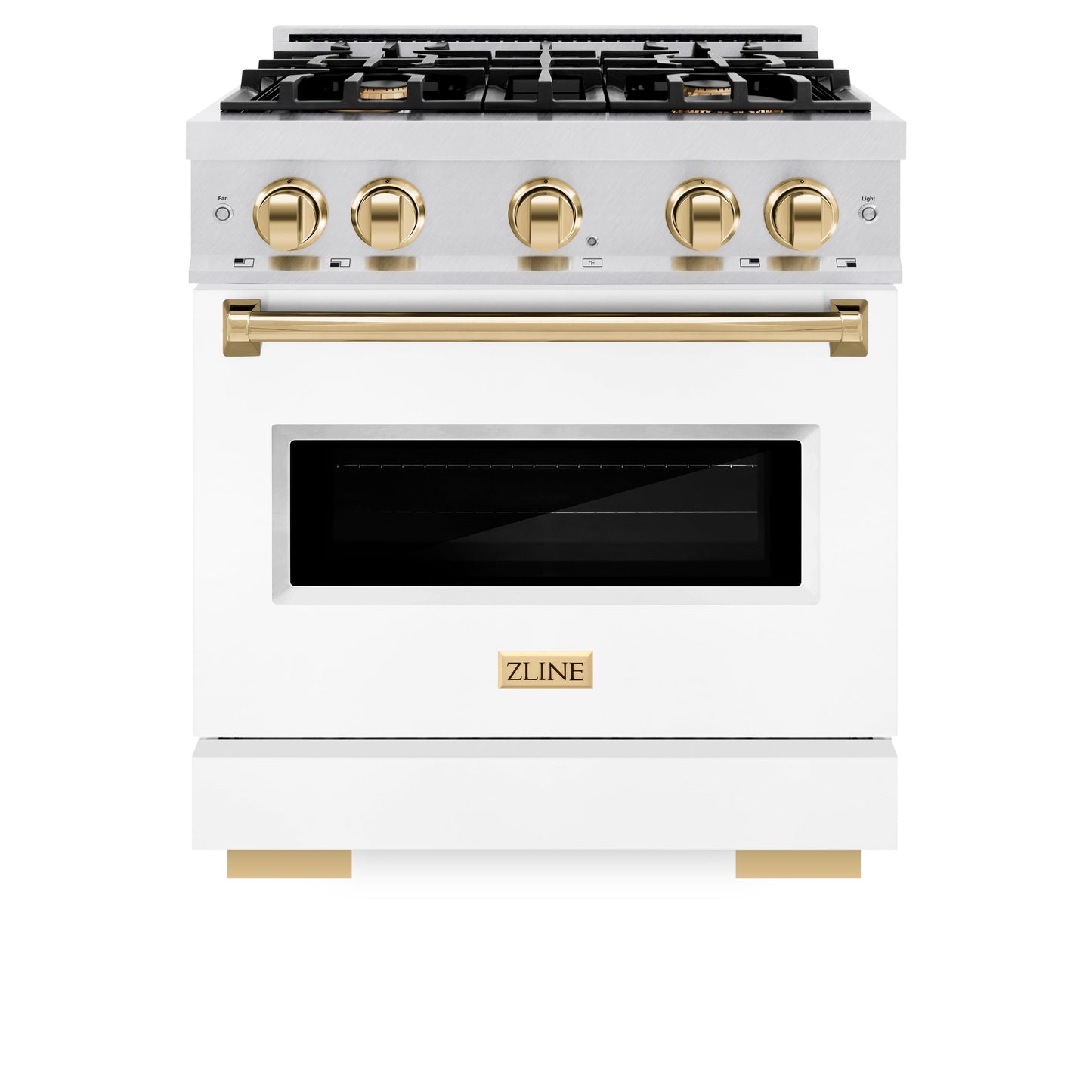 ZLINE Autograph Edition 30 in. 4.2 cu. ft. Classic Dual Fuel Range with 4 Burner Gas Cooktop and Electric Convection Oven in Satin Stainless Steel with White Matte Door and Polished Gold Accents (CDRSZ-WM-30-G)