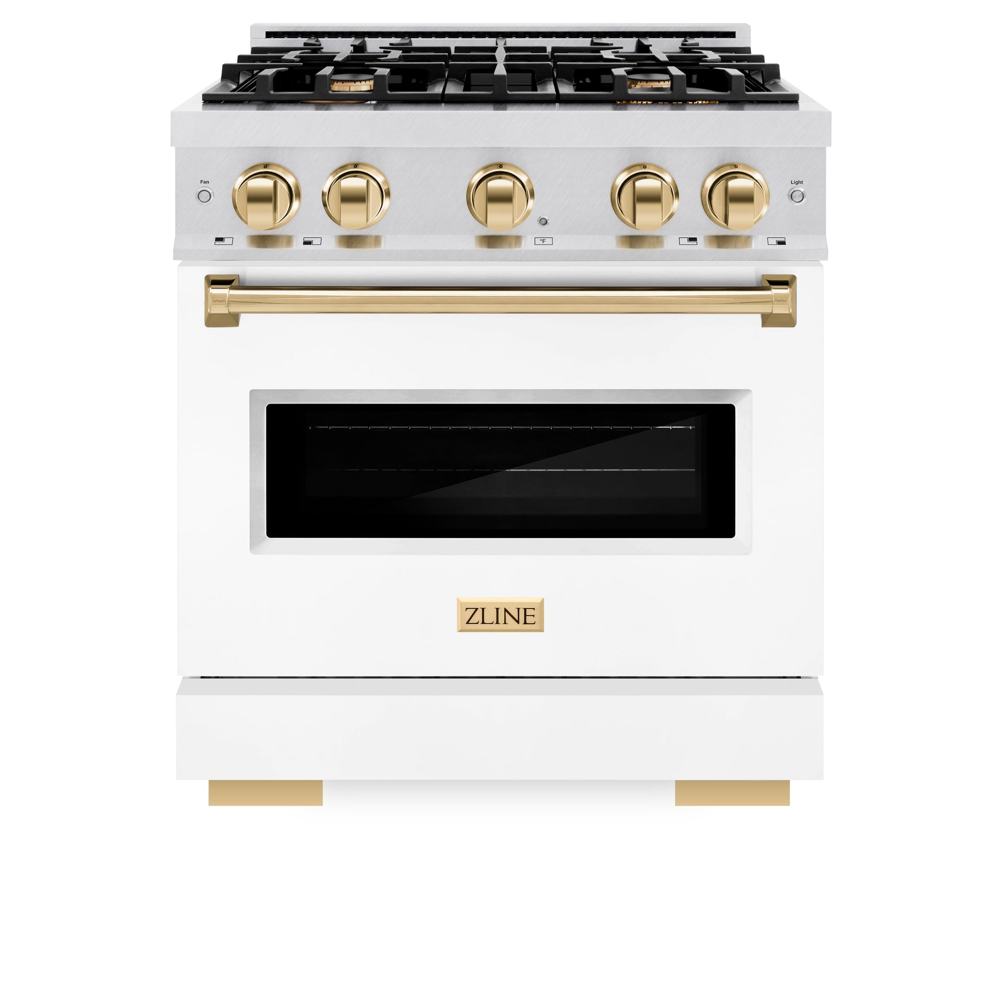 ZLINE Autograph Edition 30 in. 4.2 cu. ft. Classic Dual Fuel Range with 4 Burner Gas Cooktop and Electric Convection Oven in Satin Stainless Steel with White Matte Door and Polished Gold Accents (CDRSZ-WM-30-G)