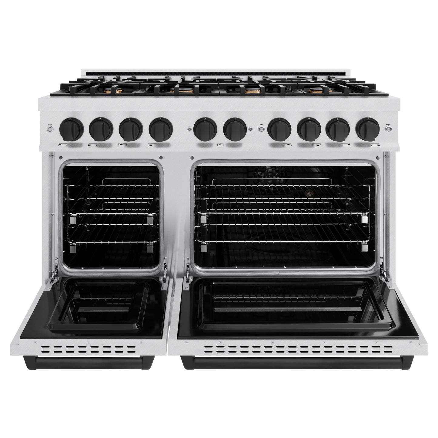 ZLINE Autograph Edition 48 in. 6.7 cu. ft. Classic Double Oven Dual Fuel Range with 8 Burner Gas Cooktop in Satin Stainless Steel and Matte Black Accents (CDRSZ-48-MB)