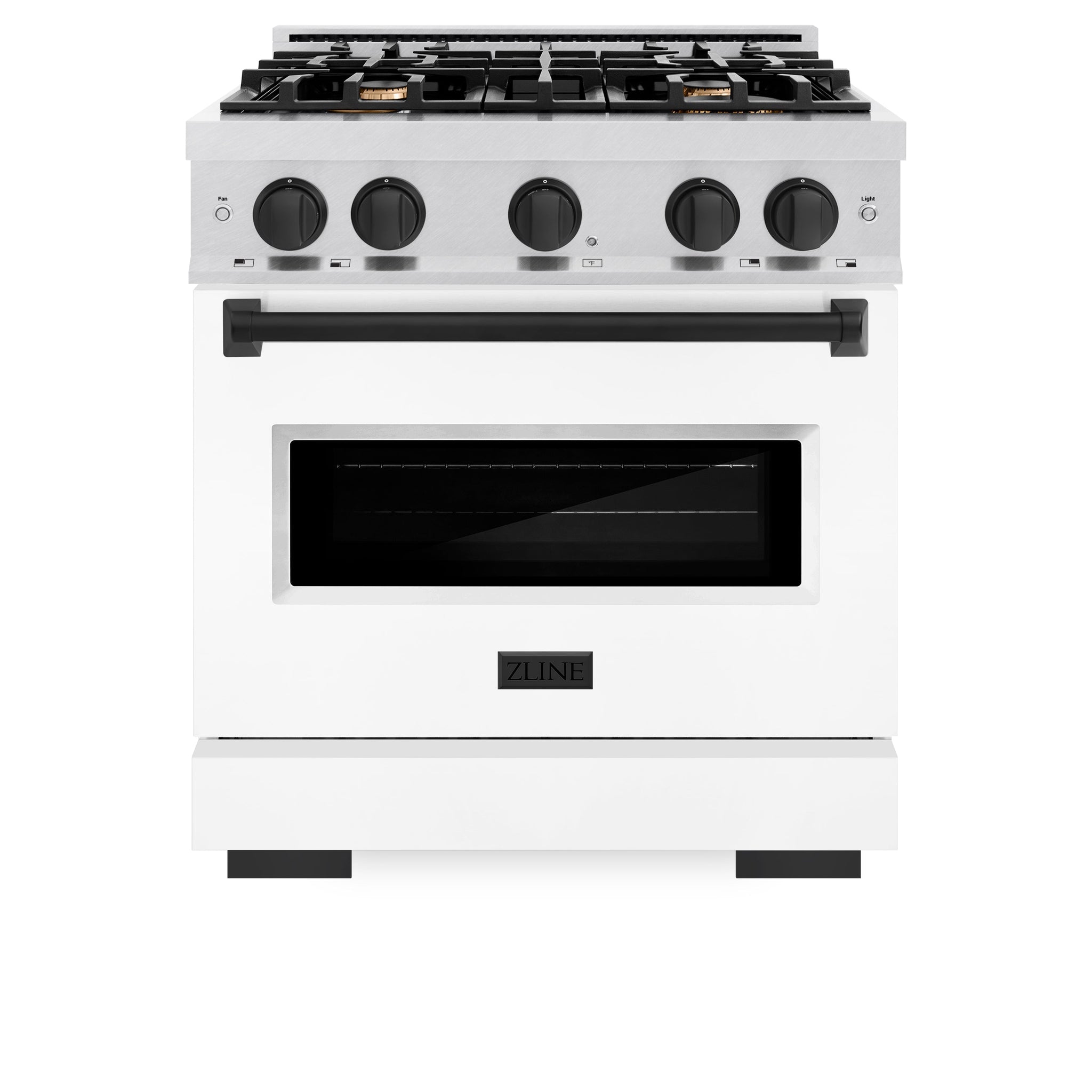 ZLINE Autograph Edition 30 in. 4.2 cu. ft. Classic Dual Fuel Range with 4 Burner Gas Cooktop and Electric Convection Oven in Satin Stainless Steel with White Matte Door and Matte Black Accents (CDRSZ-WM-30-MB)