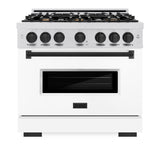 ZLINE Autograph Edition 36 in. 5.2 cu. ft. Classic Dual Fuel Range with 6 Burner Gas Cooktop and Electric Convection Oven in Satin Stainless Steel with White Matte Door and Matte Black Accents (CDRSZ-WM-36-MB)