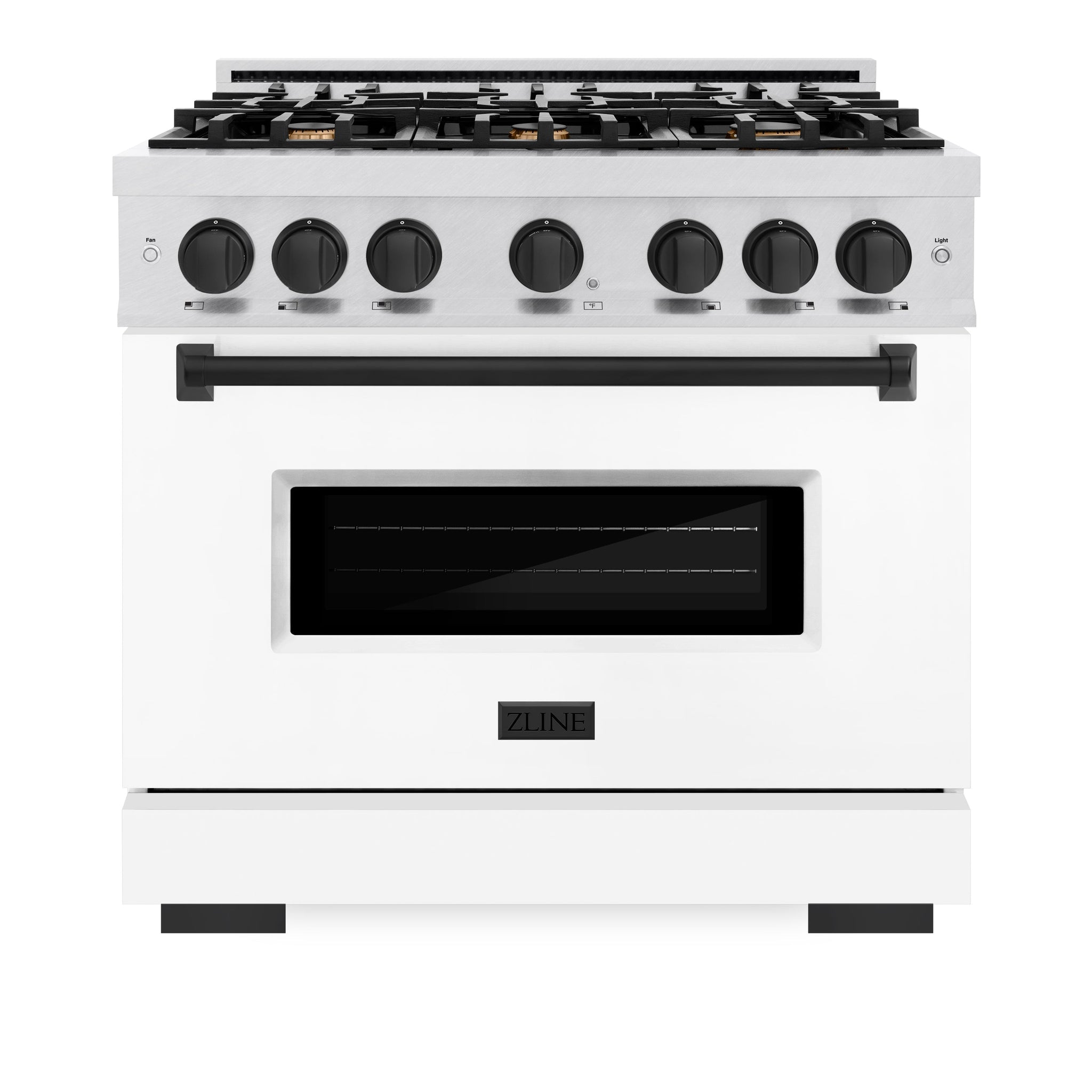 ZLINE Autograph Edition 36 in. 5.2 cu. ft. Classic Dual Fuel Range with 6 Burner Gas Cooktop and Electric Convection Oven in Satin Stainless Steel with White Matte Door and Matte Black Accents (CDRSZ-WM-36-MB)