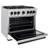 ZLINE Autograph Edition 36 in. 5.2 cu. ft. Classic Dual Fuel Range with 6 Burner Gas Cooktop and Electric Convection Oven in Satin Stainless Steel with White Matte Door and Matte Black Accents (CDRSZ-WM-36-MB)