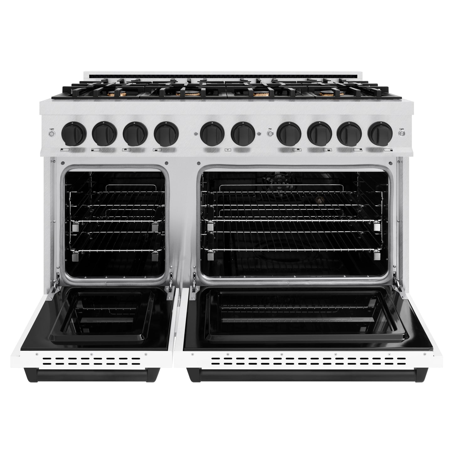 ZLINE Autograph Edition 48 in. 6.7 cu. ft. Classic Double Oven Dual Fuel Range with 8 Burner Gas Cooktop in Satin Stainless Steel with White Matte Doors and Matte Black Accents (CDRSZ-WM-48-MB)