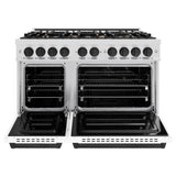 ZLINE Autograph Edition 48 in. 6.7 cu. ft. Classic Double Oven Dual Fuel Range with 8 Burner Gas Cooktop in Satin Stainless Steel with White Matte Doors and Matte Black Accents (CDRSZ-WM-48-MB)