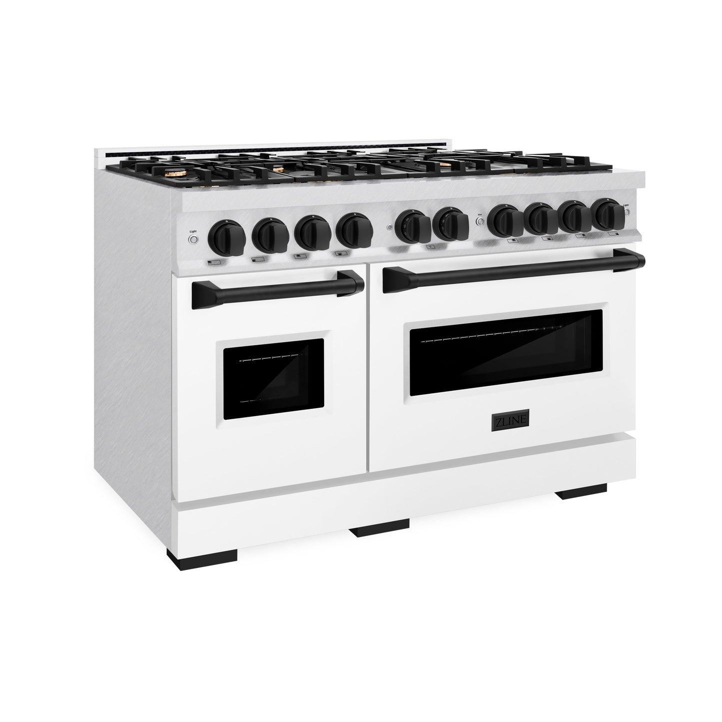 ZLINE Autograph Edition 48 in. 6.7 cu. ft. Classic Double Oven Dual Fuel Range with 8 Burner Gas Cooktop in Satin Stainless Steel with White Matte Doors and Matte Black Accents (CDRSZ-WM-48-MB)
