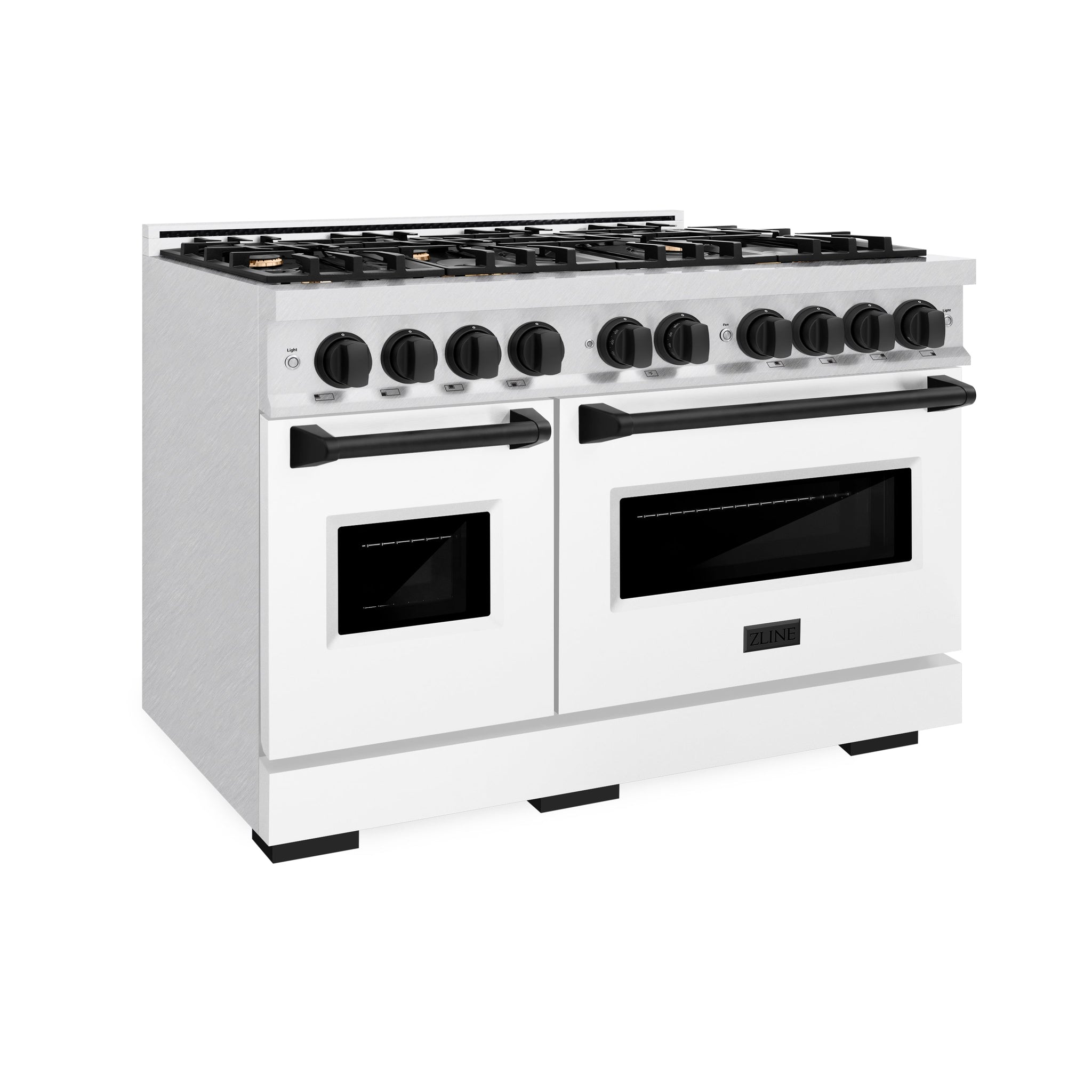 ZLINE Autograph Edition 48 in. 6.7 cu. ft. Classic Double Oven Dual Fuel Range with 8 Burner Gas Cooktop in Satin Stainless Steel with White Matte Doors and Matte Black Accents (CDRSZ-WM-48-MB)