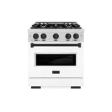 ZLINE Autograph Edition 30 in. 4.2 cu. ft. Classic Gas Range with 4 Burner Cooktop and Convection Gas Oven in Satin Stainless Steel with White Matte Door and Matte Black Accents (CGRSZ-WM-30-MB)