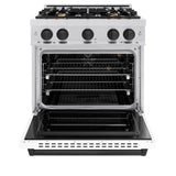 ZLINE Autograph Edition 30 in. 4.2 cu. ft. Classic Gas Range with 4 Burner Cooktop and Convection Gas Oven in Satin Stainless Steel with White Matte Door and Matte Black Accents (CGRSZ-WM-30-MB)