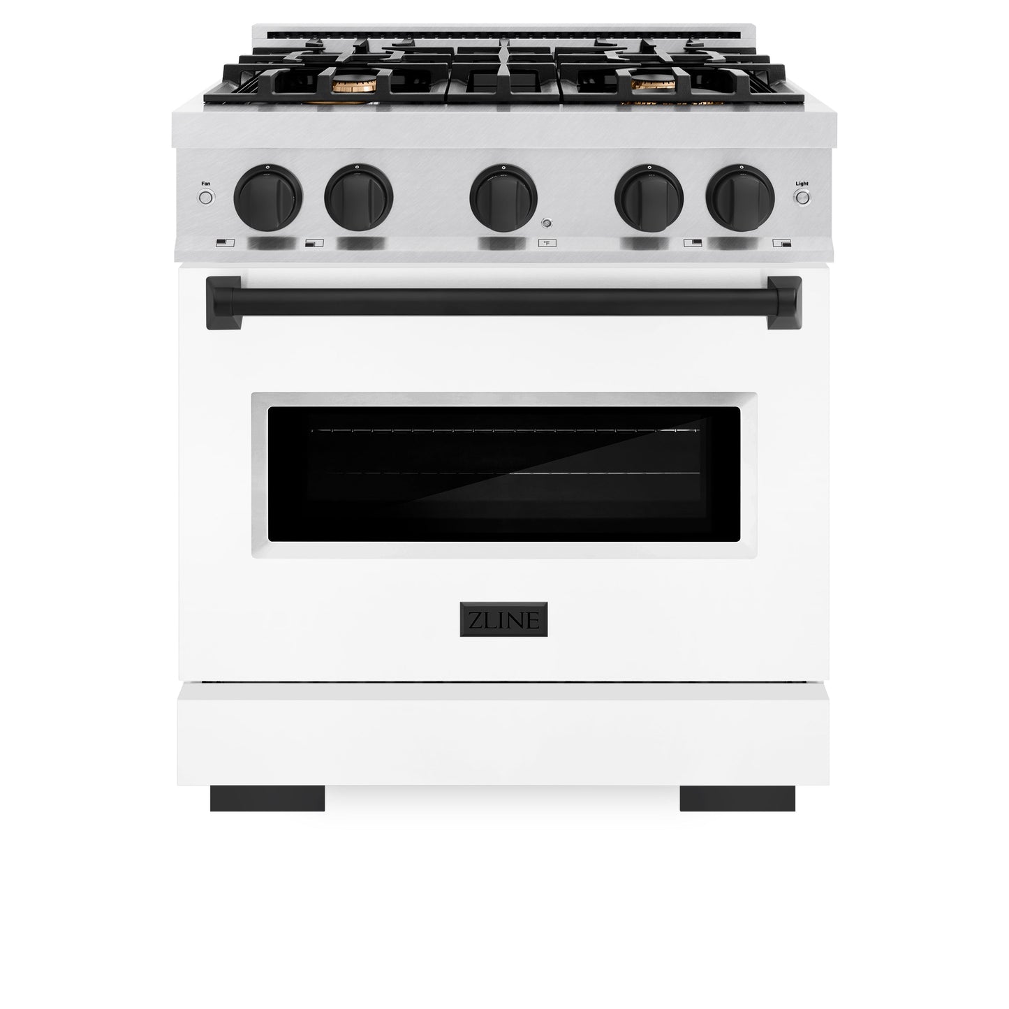 ZLINE Autograph Edition 30 in. 4.2 cu. ft. Classic Gas Range with 4 Burner Cooktop and Convection Gas Oven in Satin Stainless Steel with White Matte Door and Matte Black Accents (CGRSZ-WM-30-MB)