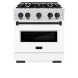 ZLINE Autograph Edition 30 in. 4.2 cu. ft. Classic Gas Range with 4 Burner Cooktop and Convection Gas Oven in Satin Stainless Steel with White Matte Door and Matte Black Accents (CGRSZ-WM-30-MB)