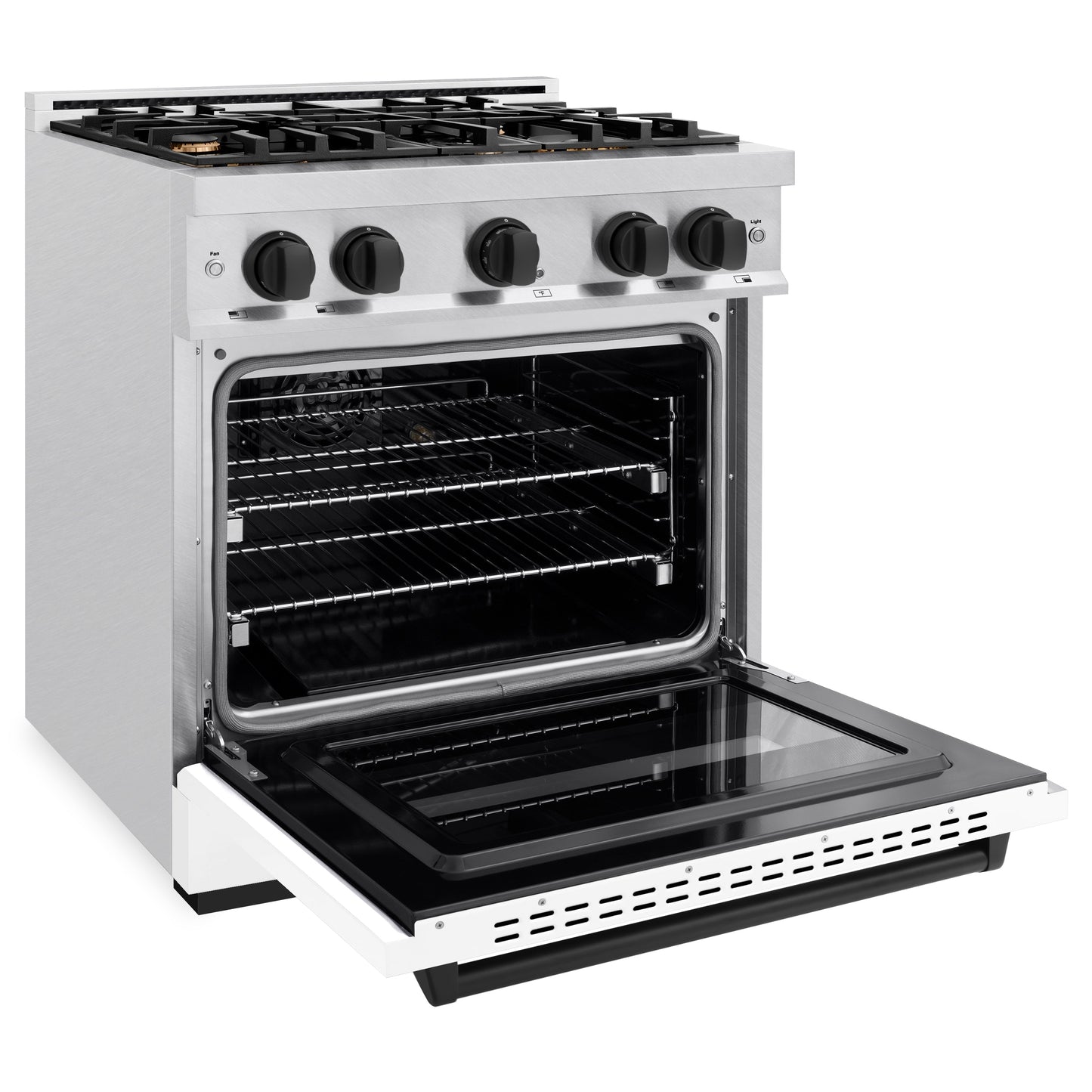 ZLINE Autograph Edition 30 in. 4.2 cu. ft. Classic Gas Range with 4 Burner Cooktop and Convection Gas Oven in Satin Stainless Steel with White Matte Door and Matte Black Accents (CGRSZ-WM-30-MB)
