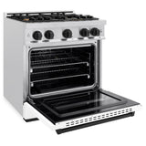 ZLINE Autograph Edition 30 in. 4.2 cu. ft. Classic Gas Range with 4 Burner Cooktop and Convection Gas Oven in Satin Stainless Steel with White Matte Door and Matte Black Accents (CGRSZ-WM-30-MB)