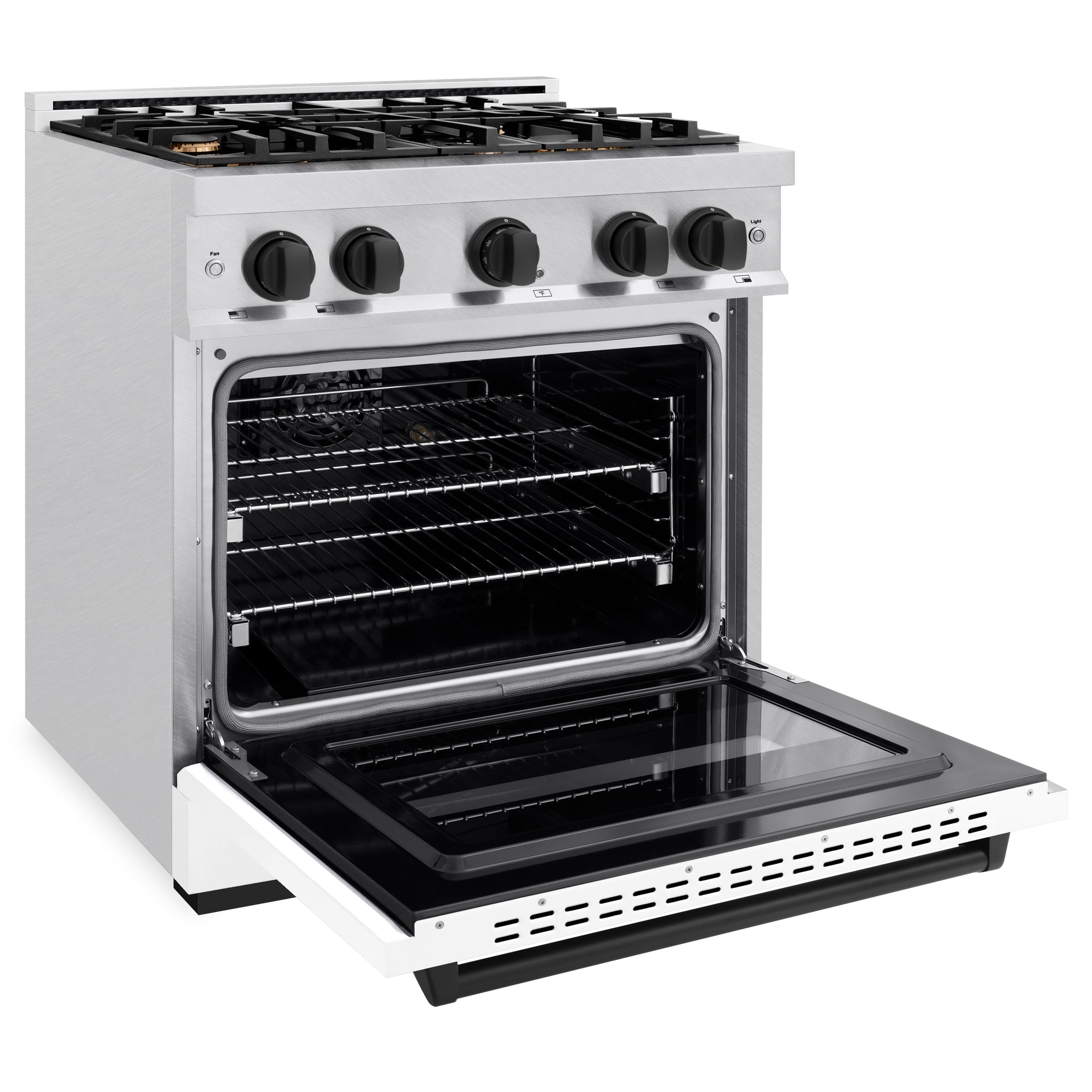 ZLINE Autograph Edition 30 in. 4.2 cu. ft. Classic Gas Range with 4 Burner Cooktop and Convection Gas Oven in Satin Stainless Steel with White Matte Door and Matte Black Accents (CGRSZ-WM-30-MB)