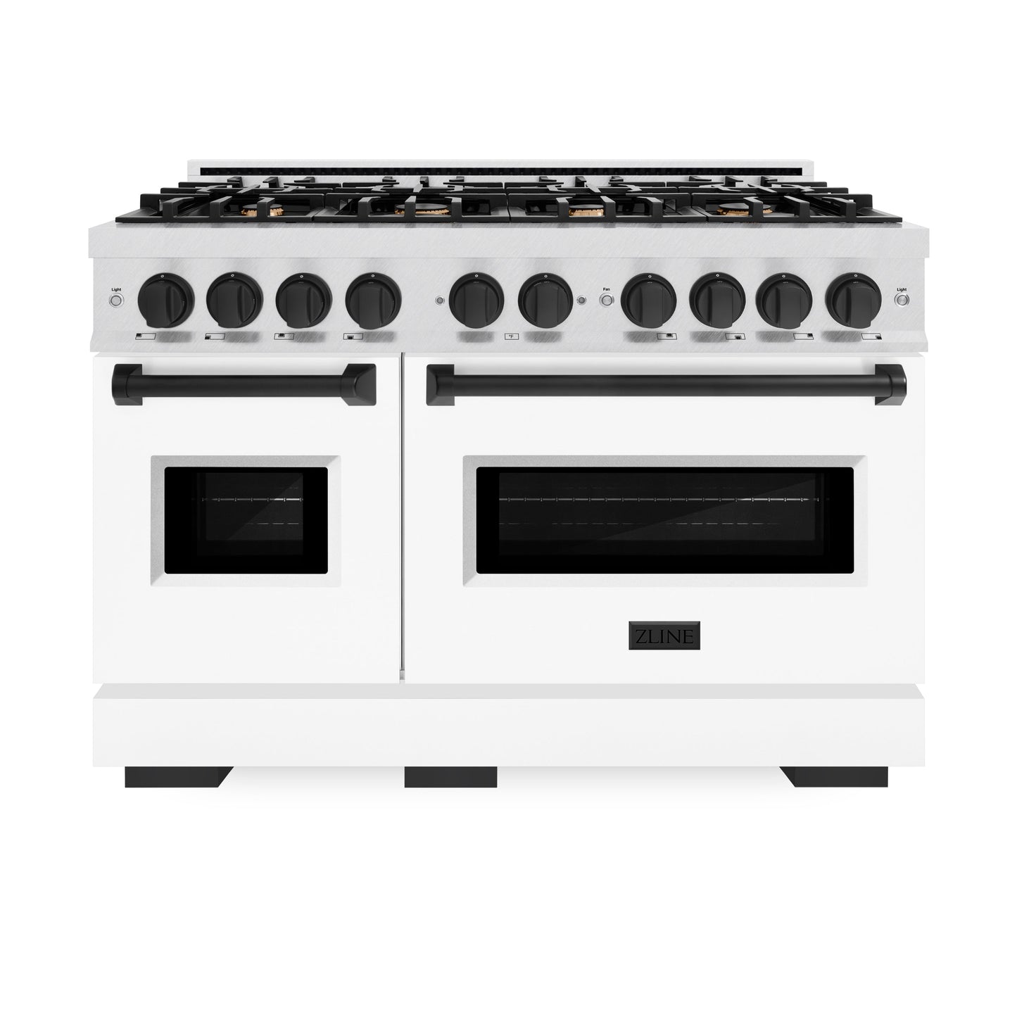 ZLINE Autograph Edition 48 in. 6.7 cu. ft. Classic Double Oven Gas Range with 8 Burner Cooktop in Satin Stainless Steel with White Matte Doors and Matte Black Accents (CGRSZ-WM-48-MB)