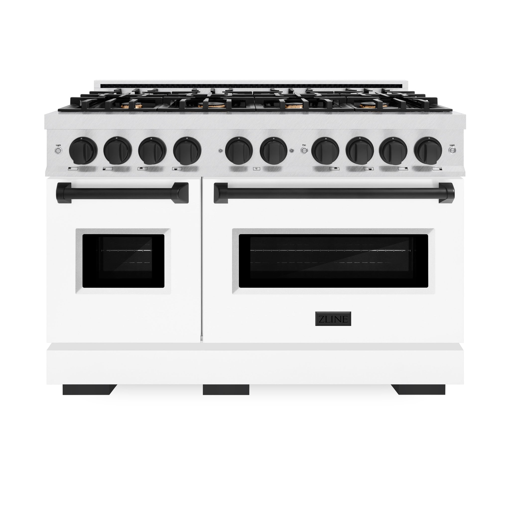 ZLINE Autograph Edition 48 in. 6.7 cu. ft. Classic Double Oven Gas Range with 8 Burner Cooktop in Satin Stainless Steel with White Matte Doors and Matte Black Accents (CGRSZ-WM-48-MB)