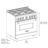 ZLINE Autograph Edition 36 in. 5.2 cu. ft. Classic Gas Range with 6 Burner Cooktop and Convection Gas Oven in Satin Stainless Steel with White Matte Door and Polished Gold Accents (CGRSZ-WM-36-G)