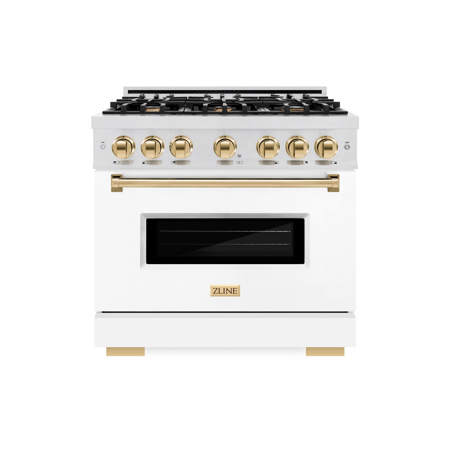 ZLINE Autograph Edition 36 in. 5.2 cu. ft. Classic Gas Range with 6 Burner Cooktop and Convection Gas Oven in Satin Stainless Steel with White Matte Door and Polished Gold Accents (CGRSZ-WM-36-G)