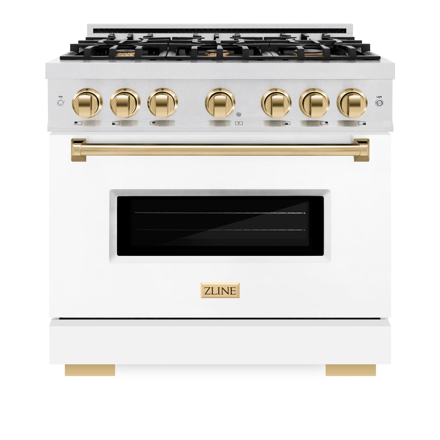 ZLINE Autograph Edition 36 in. 5.2 cu. ft. Classic Gas Range with 6 Burner Cooktop and Convection Gas Oven in Satin Stainless Steel with White Matte Door and Polished Gold Accents (CGRSZ-WM-36-G)