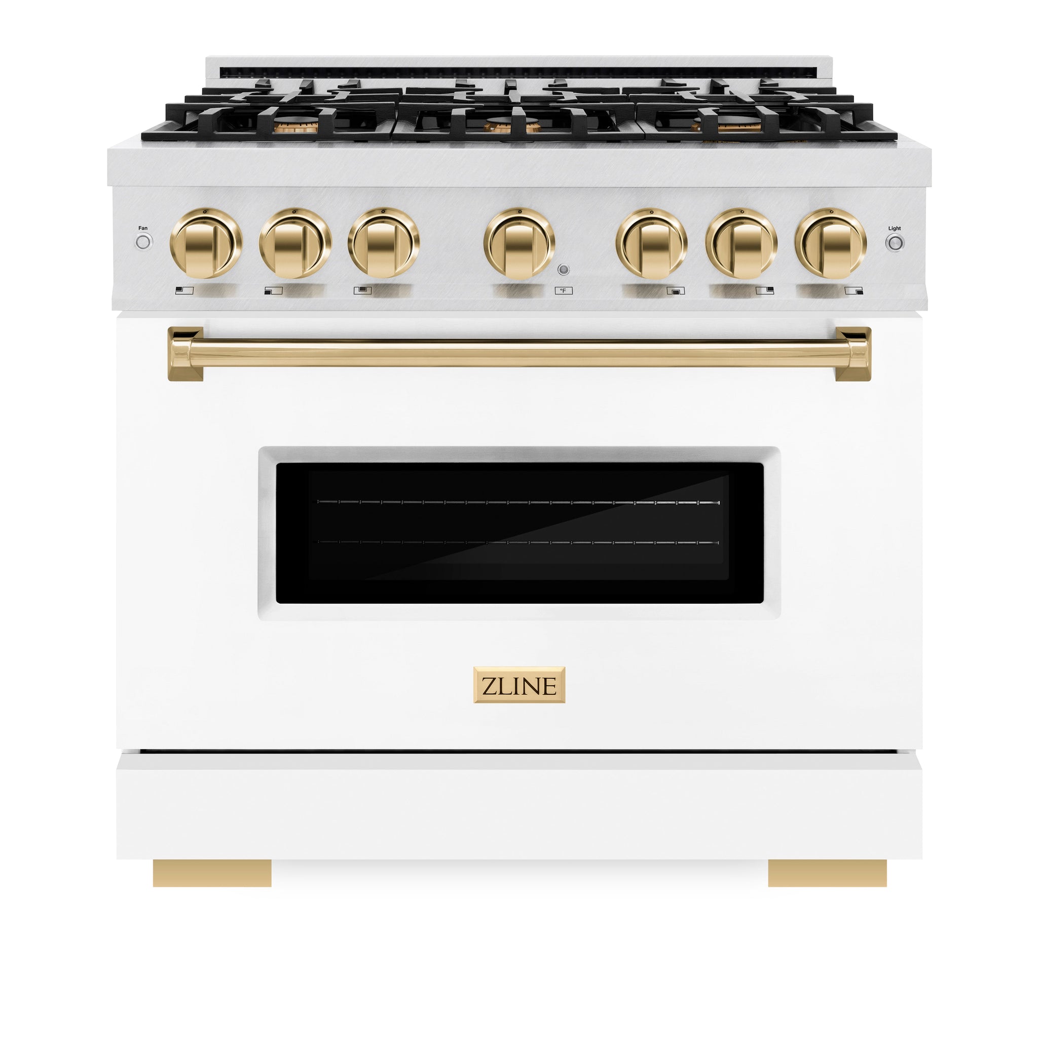 ZLINE Autograph Edition 36 in. 5.2 cu. ft. Classic Gas Range with 6 Burner Cooktop and Convection Gas Oven in Satin Stainless Steel with White Matte Door and Polished Gold Accents (CGRSZ-WM-36-G)