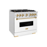 ZLINE Autograph Edition 36 in. 5.2 cu. ft. Classic Gas Range with 6 Burner Cooktop and Convection Gas Oven in Satin Stainless Steel with White Matte Door and Polished Gold Accents (CGRSZ-WM-36-G)