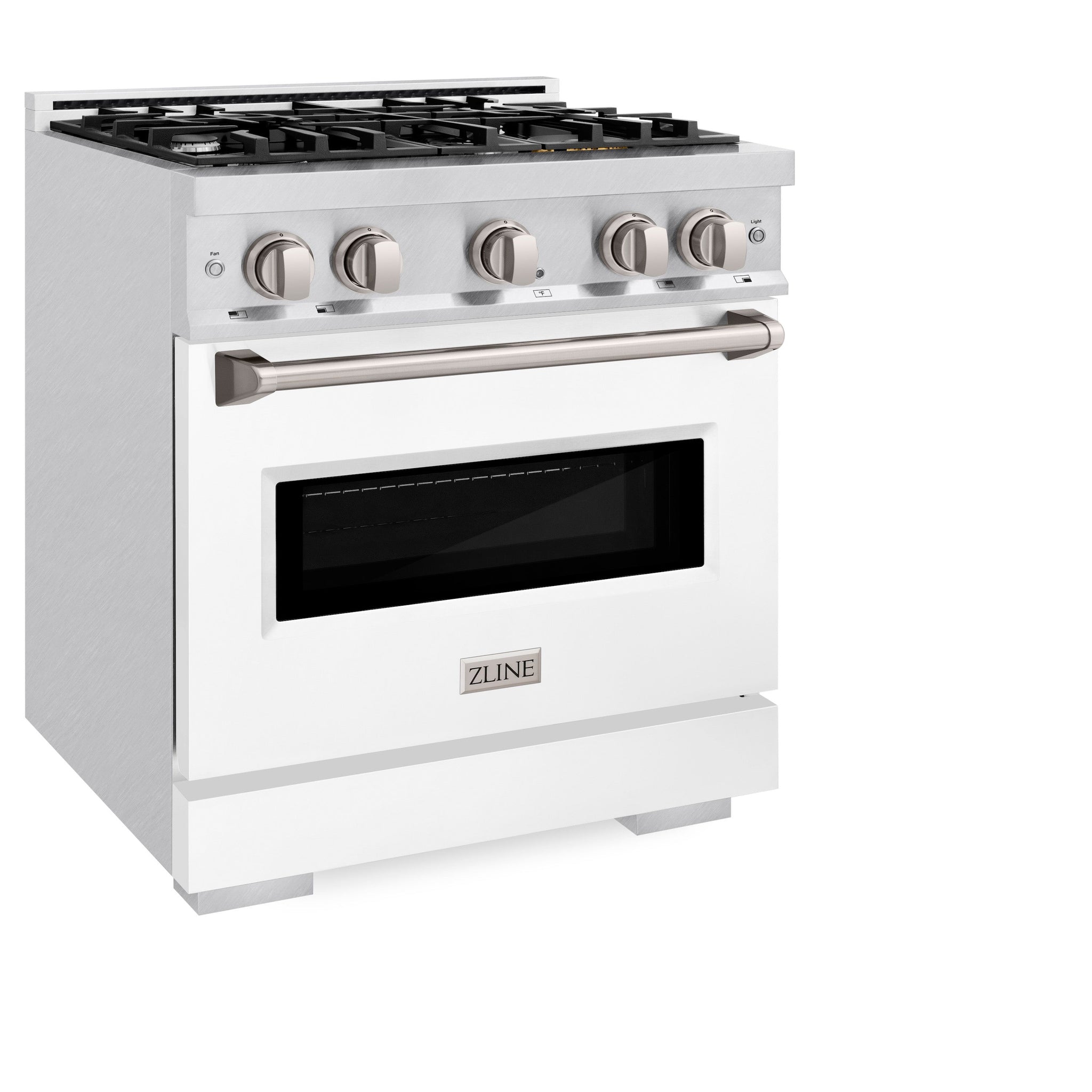 ZLINE 30 in. 4.2 cu. ft. Classic Gas Range with 4 Burner Cooktop and Convection Gas Oven in Satin Stainless Steel with White Matte Door (CGRS-WM-30)