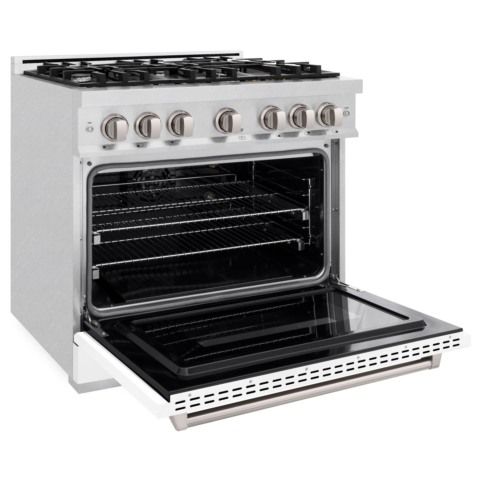 ZLINE 36 in. 5.2 cu. ft. Classic Gas Range with 6 Burner Cooktop and Convection Gas Oven in Satin Stainless Steel with White Matte Door (CGRS-WM-36)