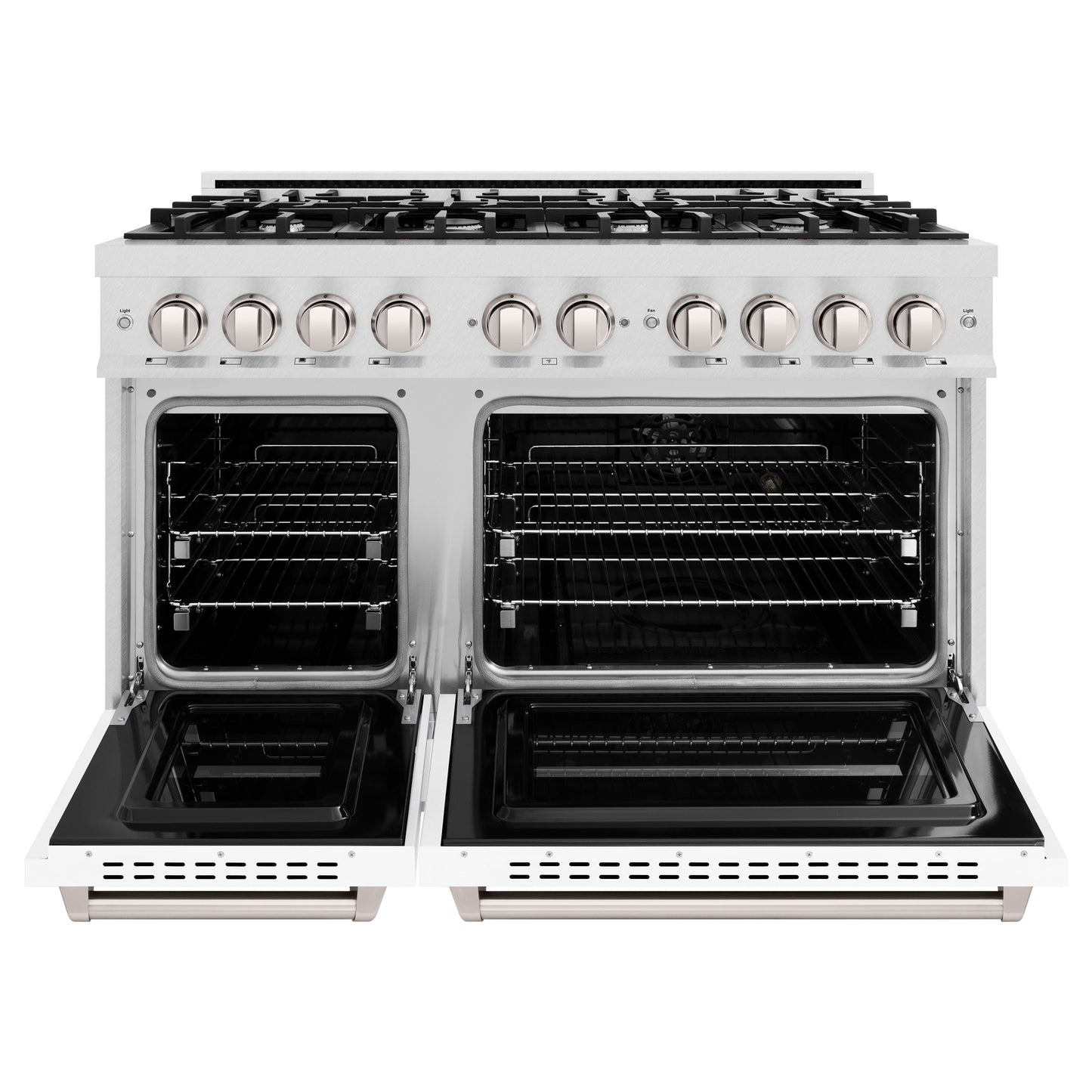 ZLINE 48 in. 6.7 cu. ft. Classic Double Oven Gas Range with 8 Burner Cooktop in Satin Stainless Steel with White Matte Doors (CGRS-WM-48)