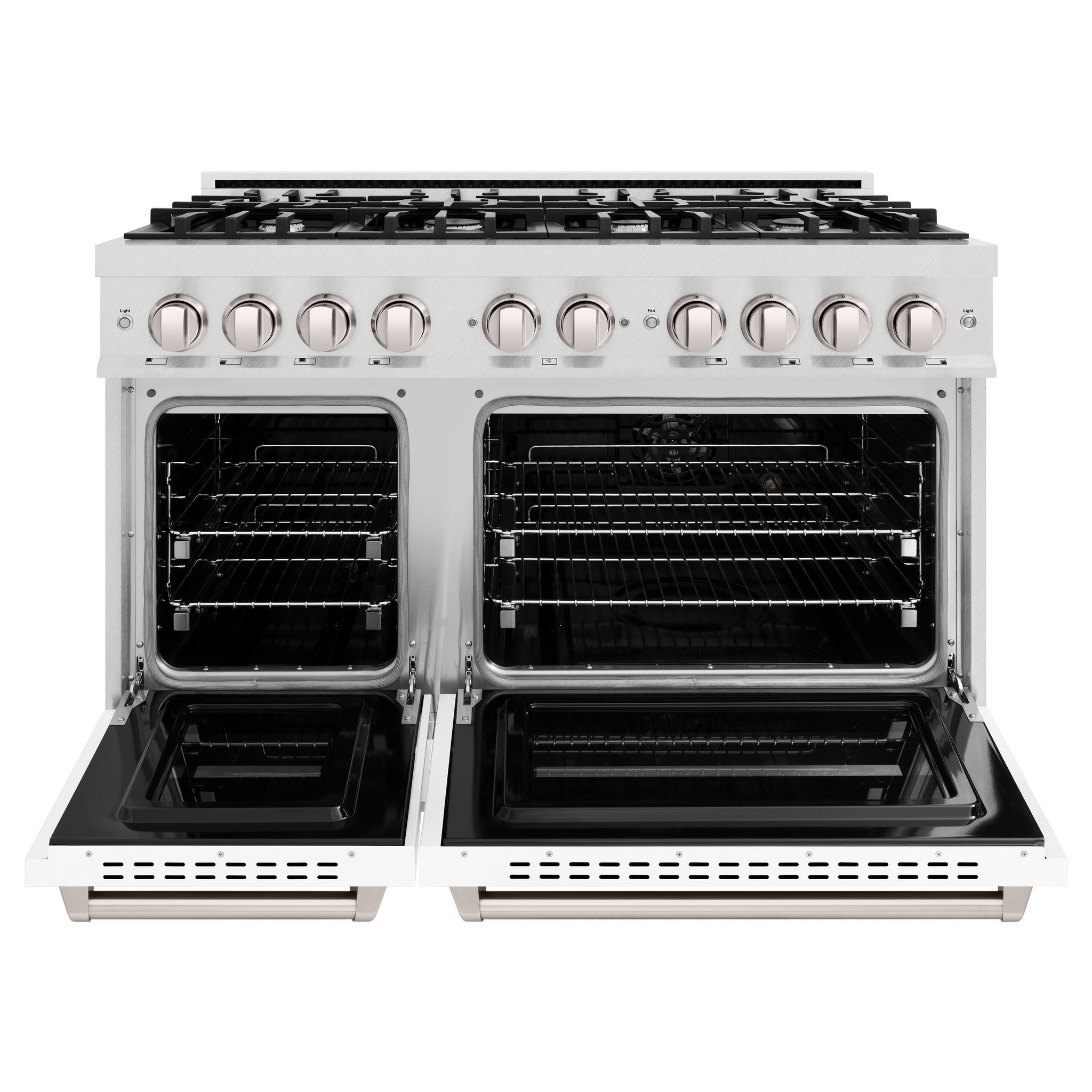 ZLINE 48 in. 6.7 cu. ft. Classic Double Oven Gas Range with 8 Burner Cooktop in Satin Stainless Steel with White Matte Doors (CGRS-WM-48)