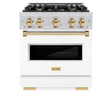 ZLINE Autograph Edition 30 in. 4.2 cu. ft. Classic Gas Range with 4 Burner Cooktop and Convection Gas Oven in Stainless Steel with White Matte Door and Polished Gold Accents (CGRZ-WM-30-G)
