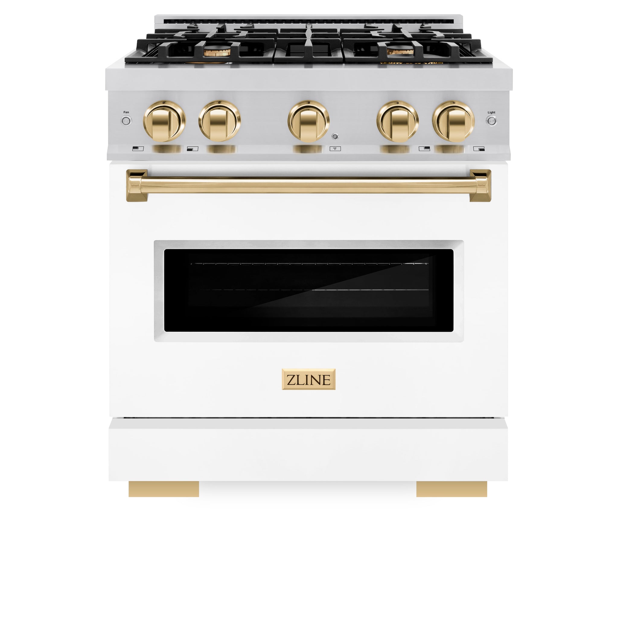 ZLINE Autograph Edition 30 in. 4.2 cu. ft. Classic Gas Range with 4 Burner Cooktop and Convection Gas Oven in Stainless Steel with White Matte Door and Polished Gold Accents (CGRZ-WM-30-G)