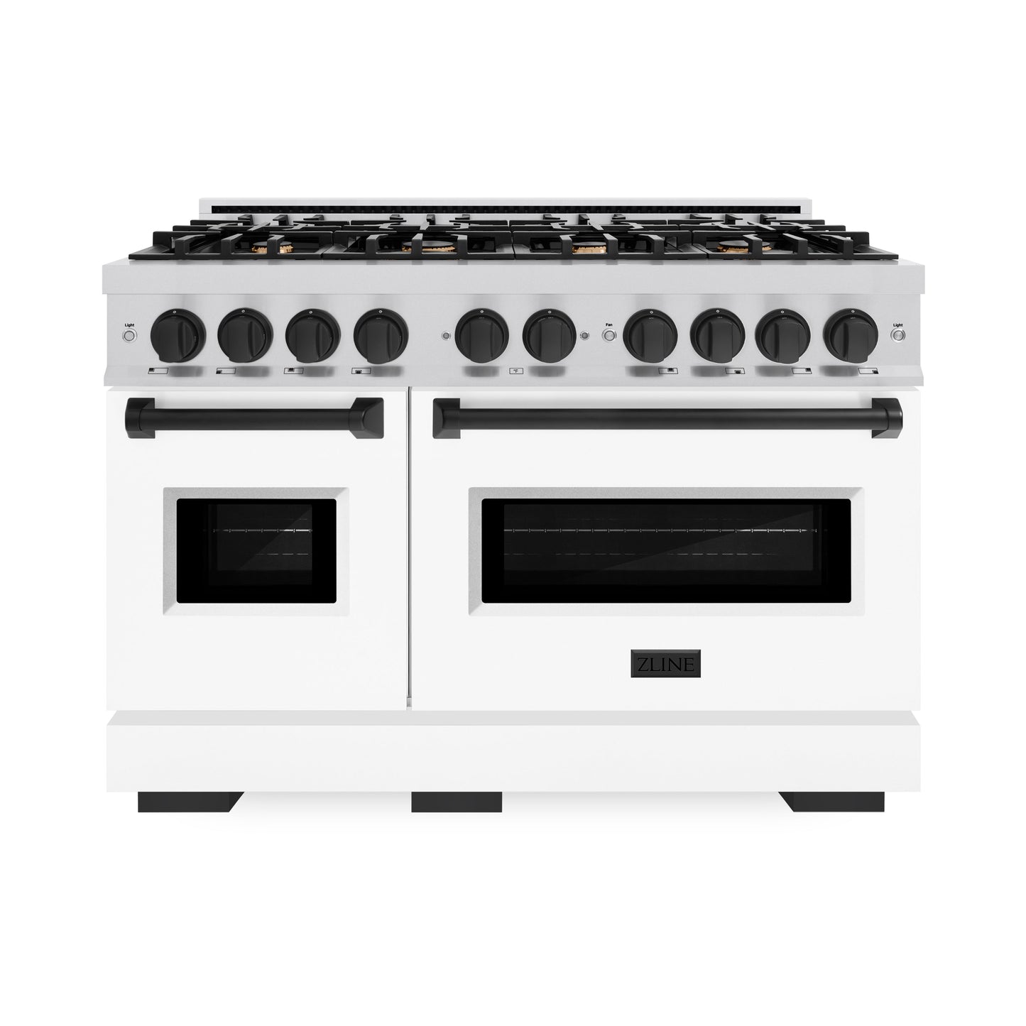 ZLINE Autograph Edition 48 in. 6.7 cu. ft. Classic Double Oven Gas Range with 8 Burner Cooktop in Stainless Steel with White Matte Doors and Matte Black Accents (CGRZ-WM-48-MB)