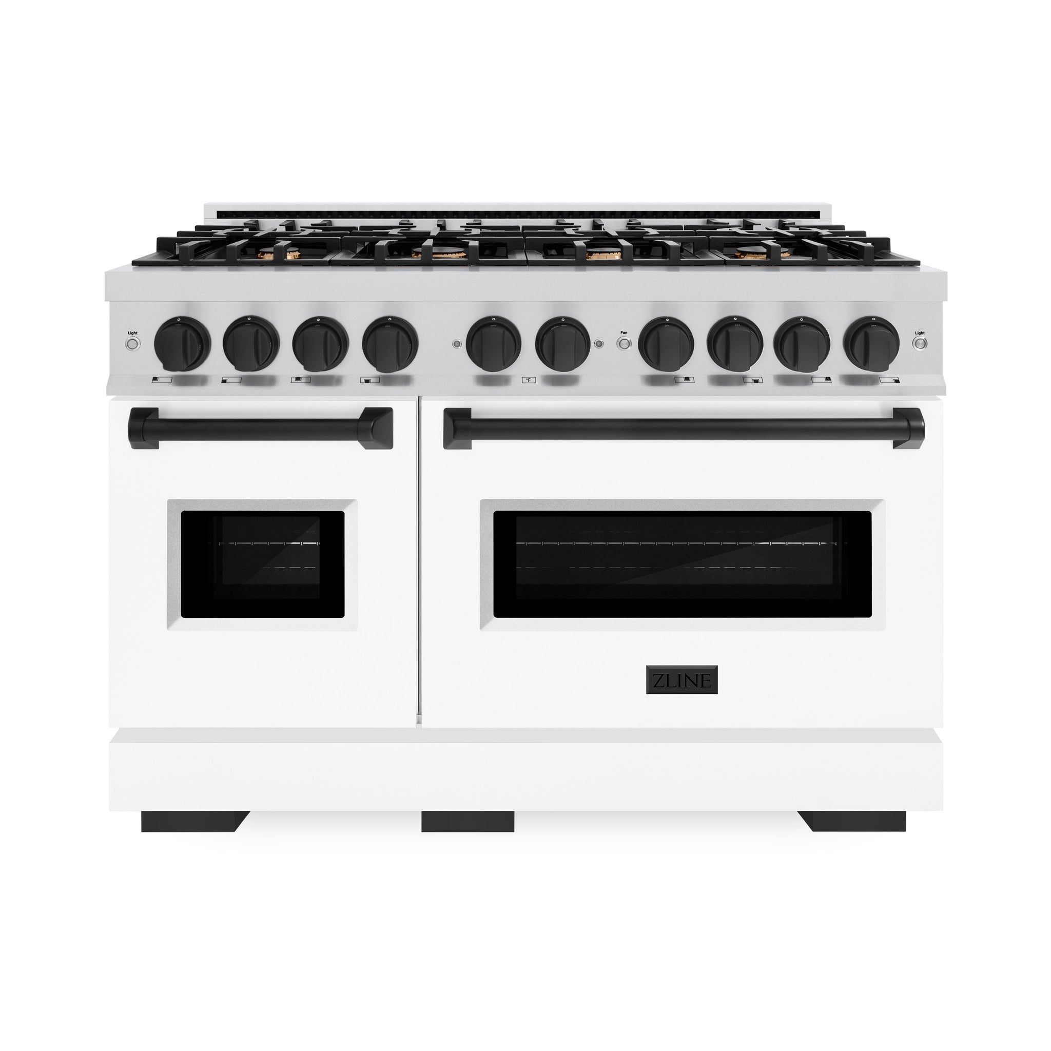 ZLINE Autograph Edition 48 in. 6.7 cu. ft. Classic Double Oven Gas Range with 8 Burner Cooktop in Stainless Steel with White Matte Doors and Matte Black Accents (CGRZ-WM-48-MB)