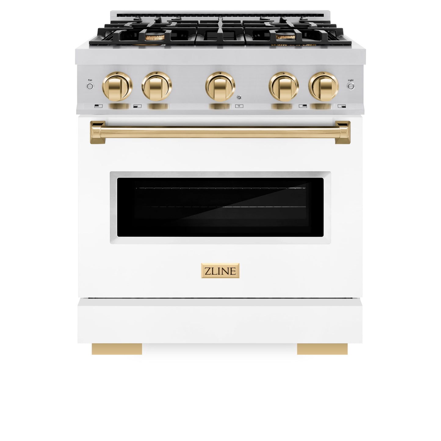 ZLINE Autograph Edition 30 in. 4.2 cu. ft. Classic Gas Range with 4 Burner Cooktop and Convection Gas Oven in Satin Stainless Steel with White Matte Door and Polished Gold Accents (CGRSZ-WM-30-G)