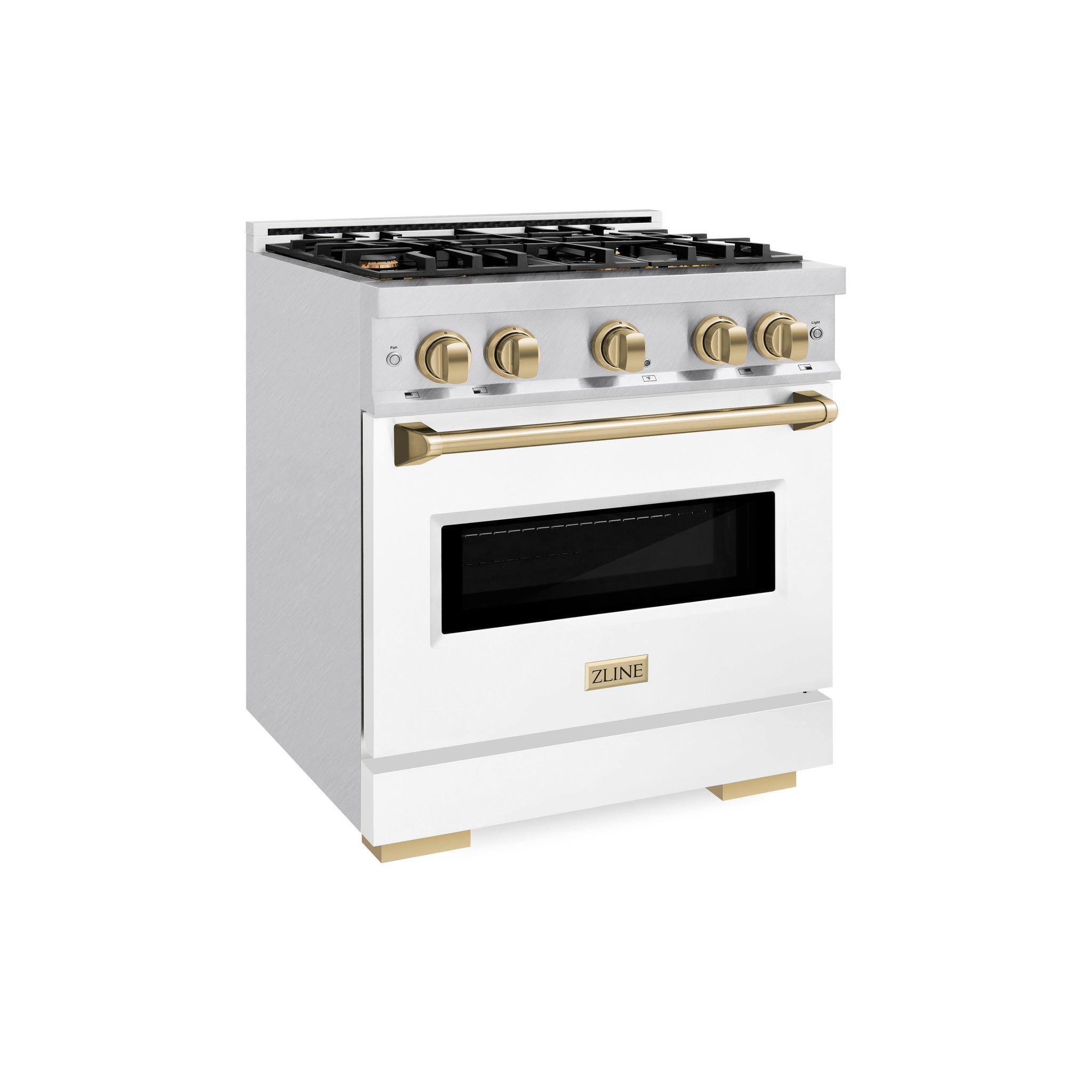 ZLINE Autograph Edition 30 in. 4.2 cu. ft. Classic Gas Range with 4 Burner Cooktop and Convection Gas Oven in Satin Stainless Steel with White Matte Door and Champagne Bronze Accents (CGRSZ-WM-30-CB)