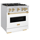 ZLINE Autograph Edition 30 in. 4.2 cu. ft. Classic Gas Range with 4 Burner Cooktop and Convection Gas Oven in Satin Stainless Steel with White Matte Door and Polished Gold Accents (CGRSZ-WM-30-G)