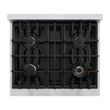 ZLINE Autograph Edition 30 in. 4.2 cu. ft. Classic Gas Range with 4 Burner Cooktop and Convection Gas Oven in Satin Stainless Steel with White Matte Door and Polished Gold Accents (CGRSZ-WM-30-G)